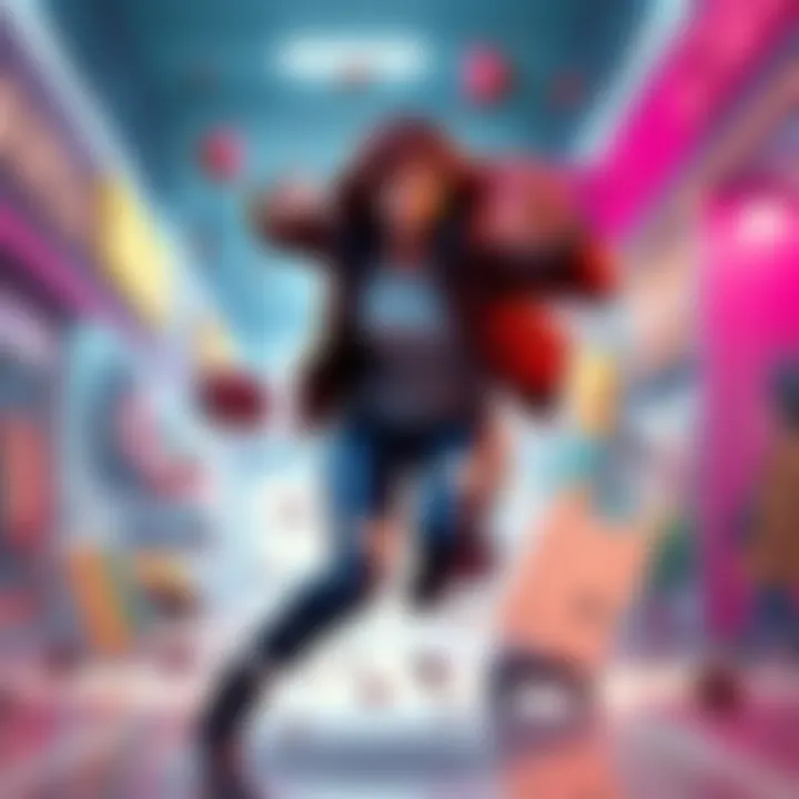 A character named Karen wreaking havoc in a mall, knocking over merchandise and creating chaos