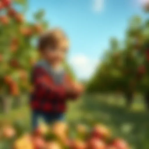 Kendel happily picking apples in a sunny orchard with trees full of ripe fruit
