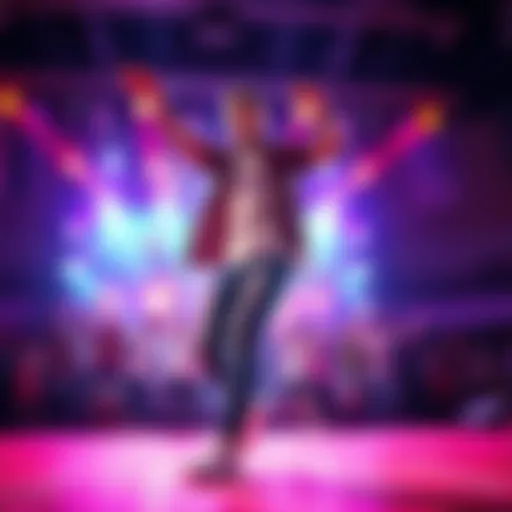 Kendel showcasing vibrant dance moves on stage with an energetic crowd in the background