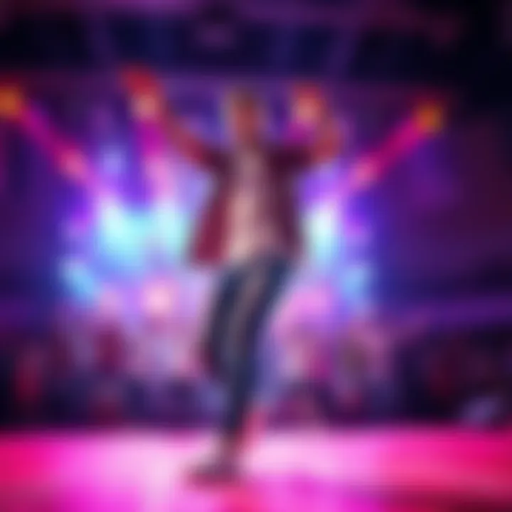 Kendel showcasing vibrant dance moves on stage with an energetic crowd in the background