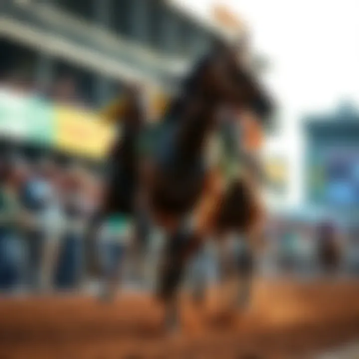 A thoroughbred horse running at full speed during the Kentucky Derby with spectators cheering in the background.