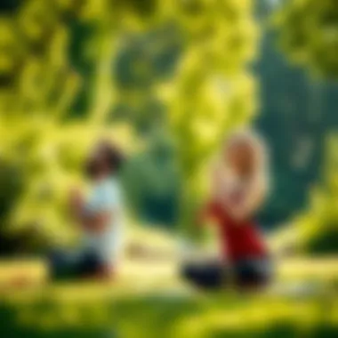 Kenz and Tara in a peaceful outdoor setting practicing yoga together on a sunny day with greenery around them.