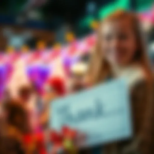 Kenzie smiling and holding a thank you sign at a holiday celebration