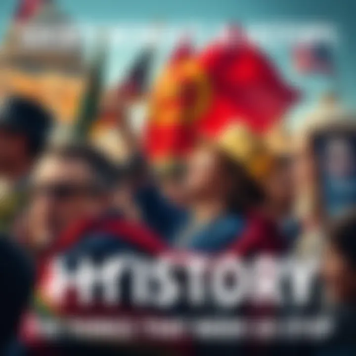 A collage of significant events and cultural phenomena that shaped society, including famous speeches, protests, and celebrations.