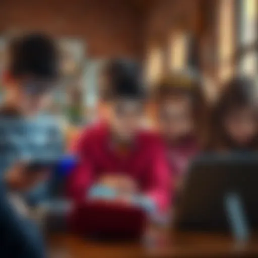 A group of children using tablets and laptops while reflecting on schoolwork and technology's role in learning.