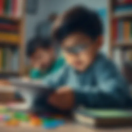 A child uses a tablet to learn spelling with the help of ChatGPT, surrounded by books and colorful letters.
