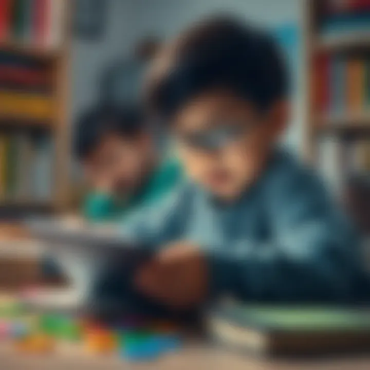 A child uses a tablet to learn spelling with the help of ChatGPT, surrounded by books and colorful letters.