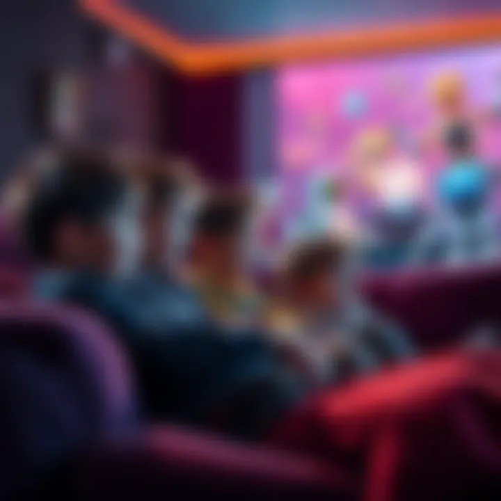 A group of kids sitting on a couch, eagerly watching a colorful animated movie featuring friendly robots