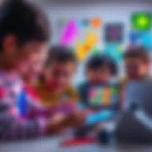 A group of children using tablets and laptops to create art with AI applications, showcasing their colorful artwork while smiling and collaborating.