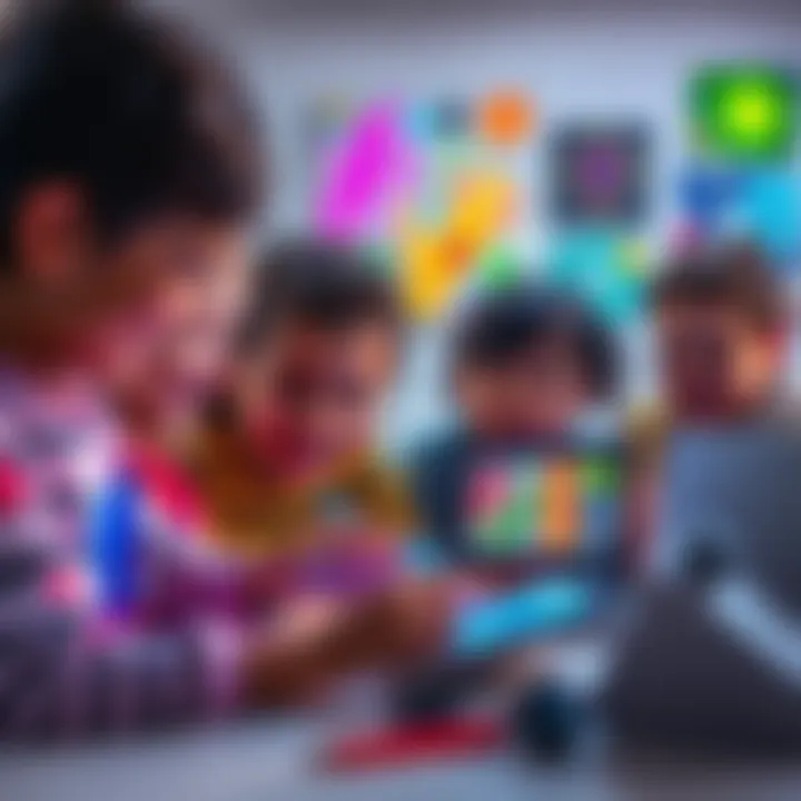 A group of children using tablets and laptops to create art with AI applications, showcasing their colorful artwork while smiling and collaborating.
