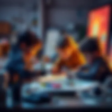 A group of children working on art projects, showcasing creativity and teamwork, without using technology.