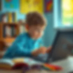 A child interacting with a laptop while exploring learning resources with ChatGPT, surrounded by books and creative materials.