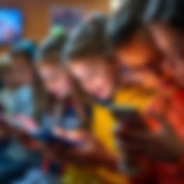 A group of Australian children engaged with their smartphones, highlighting social media usage despite restrictions.