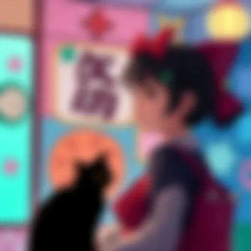 A still from Kiki's Delivery Service showing Kiki with her red bow and black cat, looking contemplative against a colorful backdrop.