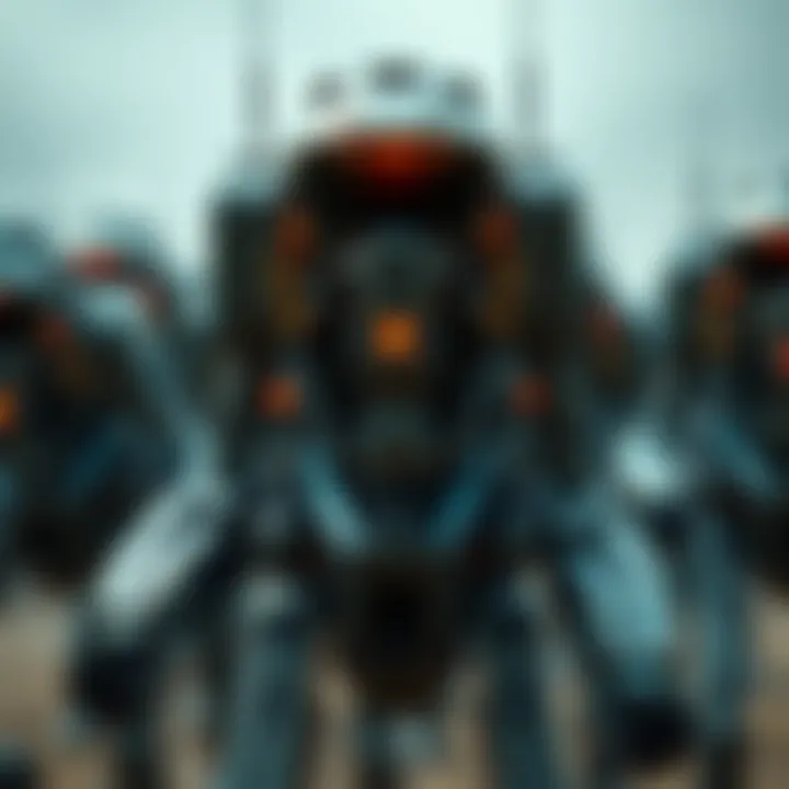 A group of autonomous robots preparing for military action, highlighting the potential threat of robotic swarms in combat.