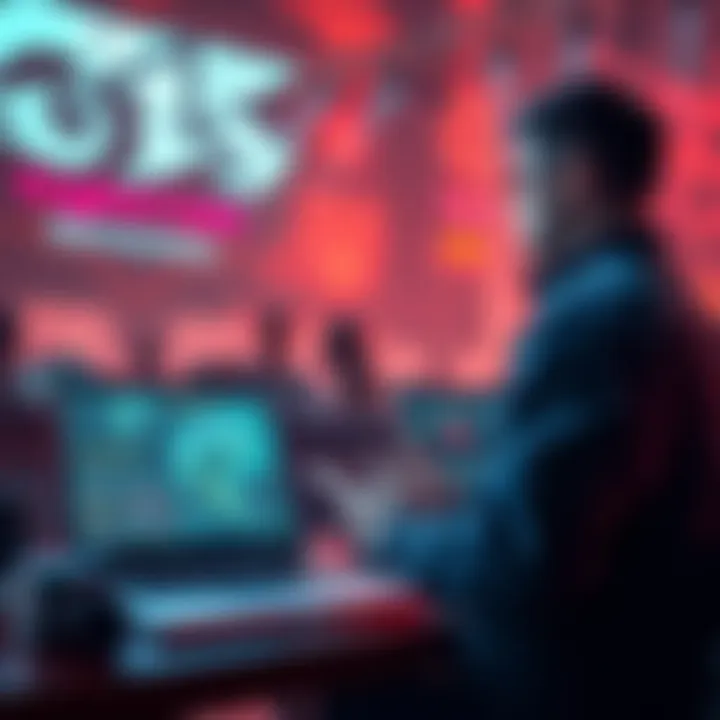A game developer discusses DLSS 5 technology with a laptop and graphics on screen