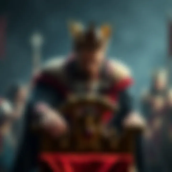 A character dressed in royal attire pondering over a throne, symbolizing leadership choices between compassion and tyranny in the KingMaker game.