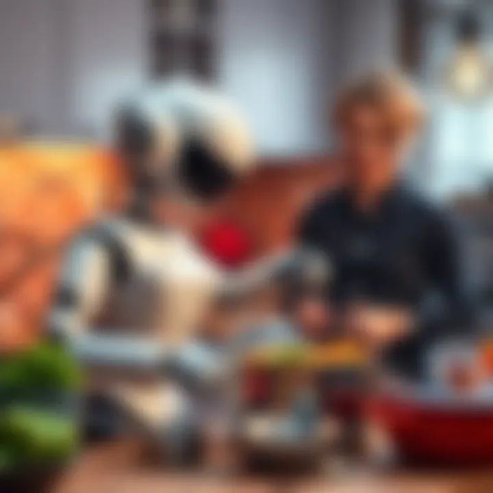 A modern kitchen robot is chopping vegetables and stirring a pot while a person watches and smiles in a cozy kitchen setting.