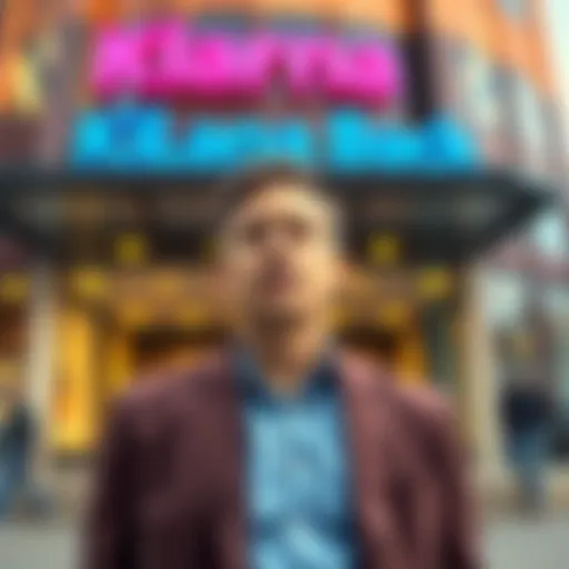 Klarna CEO stands in front of an office building, looking determined to bring back human employees after AI job cuts, expressing concern over company morale