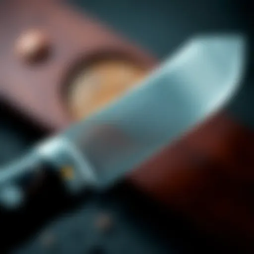 Close-up view of a knife handle showcasing a unique mesh pattern created using various materials.