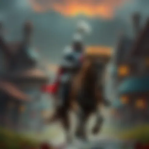 A medieval knight in armor rides a horse while holding a pizza box, surrounded by a fantasy village setting.