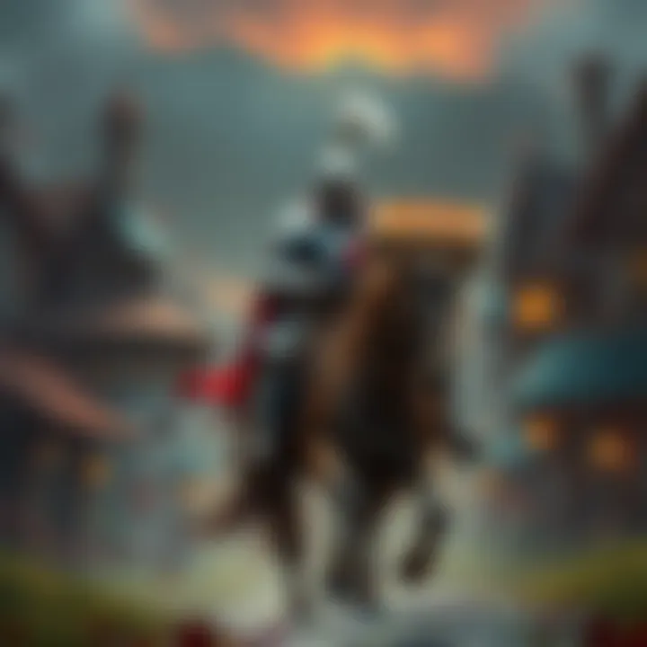 A medieval knight in armor rides a horse while holding a pizza box, surrounded by a fantasy village setting.