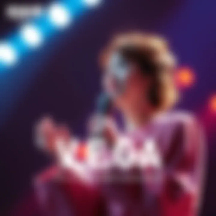 A singer performing a Korean ballad on stage with emotional expression, lights illuminating the background