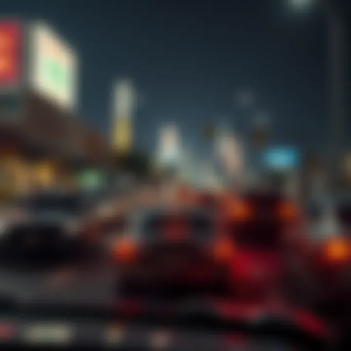 A view of a late-night drive through Koreatown showing self-driving cars and delivery bots under city lights with police activity in the background
