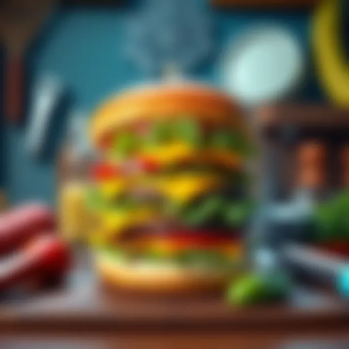 A colorful illustration of the Krabby Patty with layers of lettuce, cheese, and a bun, surrounded by cooking tools.