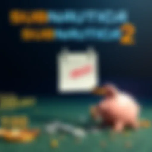 A graphic showing the logo of Subnautica with a calendar marking a delay, alongside a broken piggy bank symbolizing the denied bonus for developers