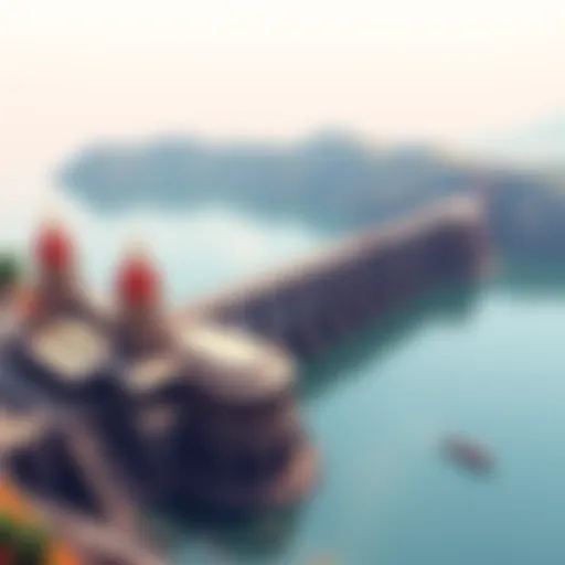 A pixelated version of the Krishna Raja Sagar Dam, showcasing its structure and water in an 8-bit art style.