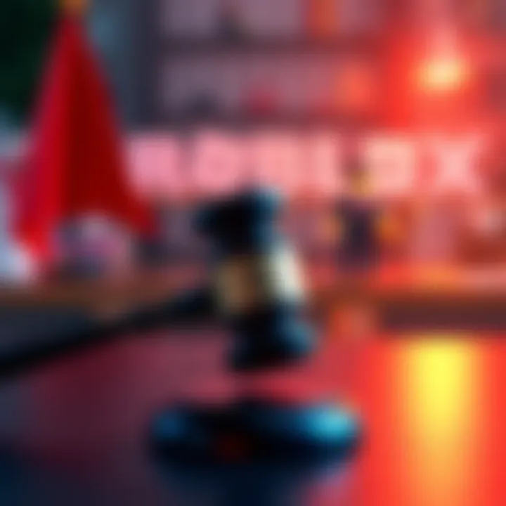 A gavel in front of a Roblox logo, symbolizing legal action for child safety concerns
