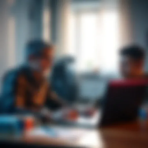 A landlord interacts with a laptop displaying AI translation software while his non-English speaking tenants look on, demonstrating improved communication.