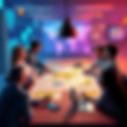 A diverse group of people discussing game localization around a table with game art and language maps spread out.
