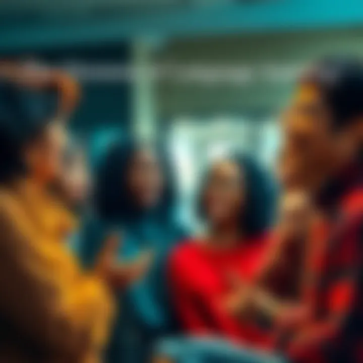 A diverse group of people engaged in a conversation about language learning tools, showing mixed reactions of support and criticism.