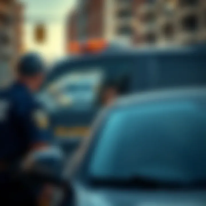 A police officer stopping a car on a city street, with a visibly concerned driver inside, illustrating the issue of false stops due to faulty technology.