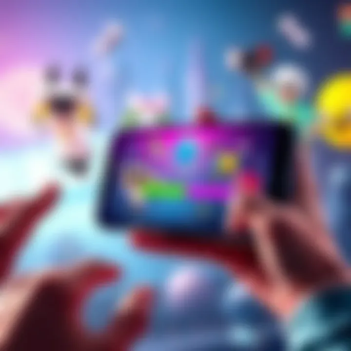 A smartphone displaying a loading bar for a large mobile game download, with visual elements representing data storage and gaming excitement