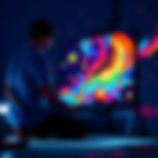 An artist working on a large canvas filled with pixel art designs, showcasing bright colors and detailed patterns