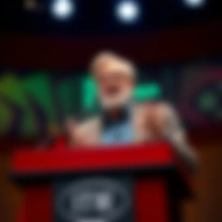 Larry Ellison at a podium discussing privacy issues in technology