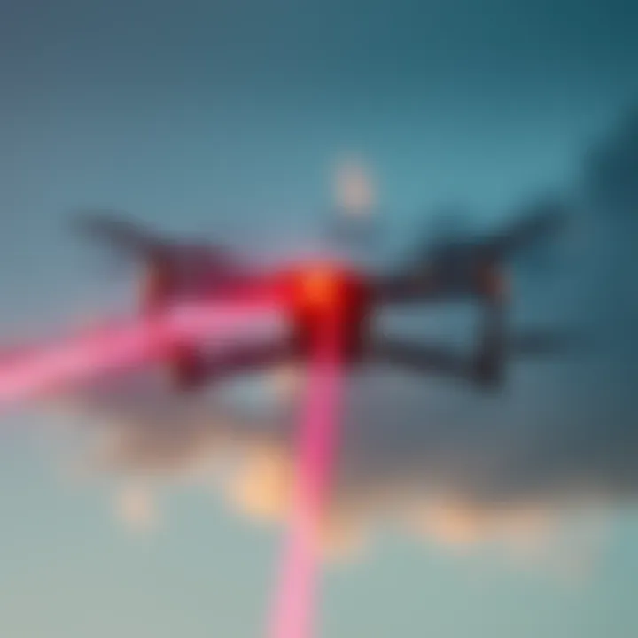 A laser beam is directed at a drone in the sky, showcasing the use of directed-energy weapons for drone defense.