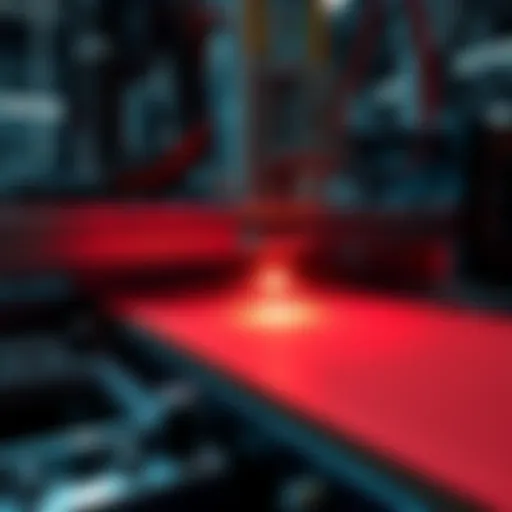 A laser sealing machine applying a bright beam to edge of paper packaging, showcasing a modern manufacturing setup.