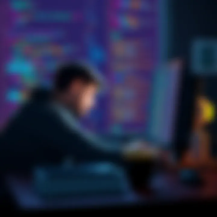 A developer tired at their computer, surrounded by code on the screen, with a coffee cup nearby, illustrating late-night programming struggles.