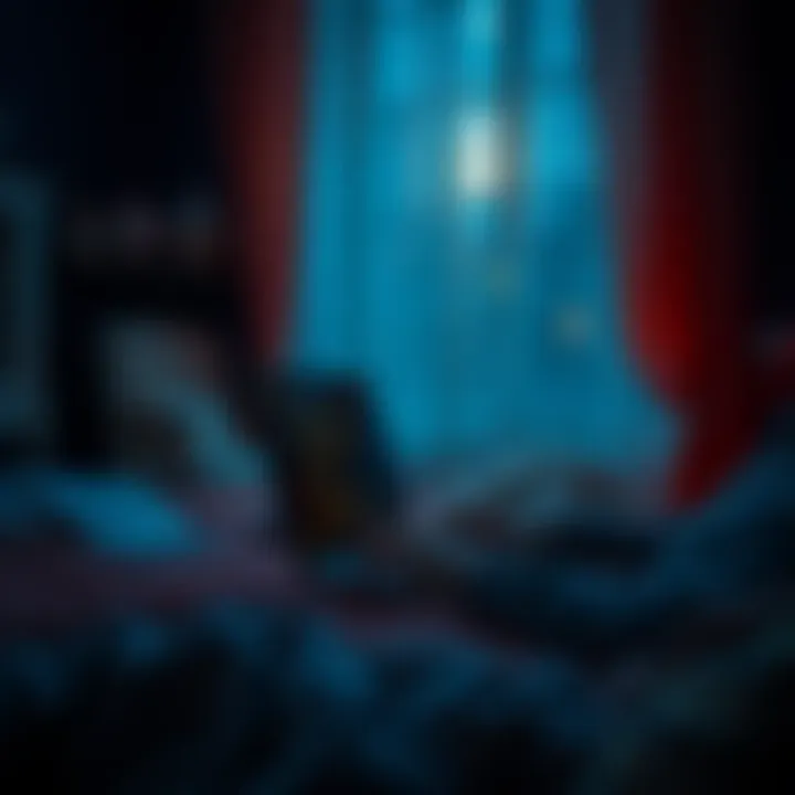 A cozy setup with a person typing on a laptop, surrounded by soft light and nostalgic chat windows, reflecting late-night conversations