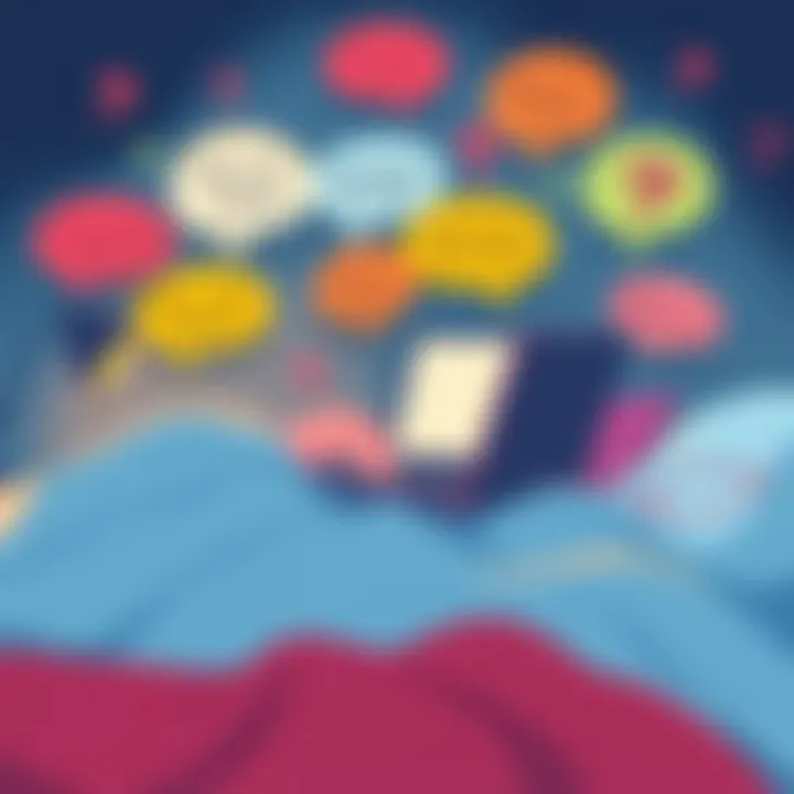 A whimsical illustration showing a person typing on a laptop in bed at 3 AM, surrounded by colorful thought bubbles with funny questions.