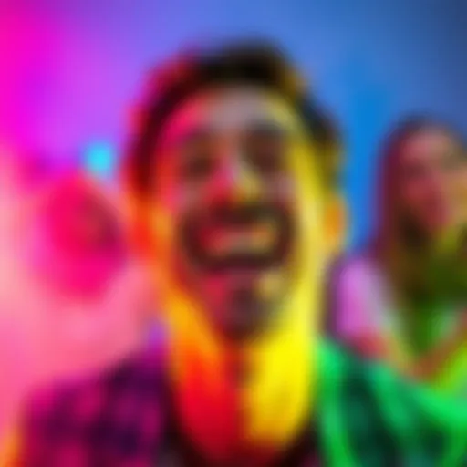 A person laughing heartily with a big smile, surrounded by cheerful colors, capturing the joy of a good joke