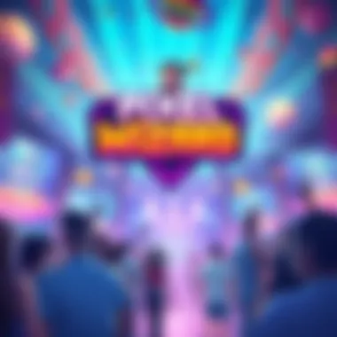 A vibrant launch party scene for the game Pixel Wizard with colorful decorations, excited people, and game banners.