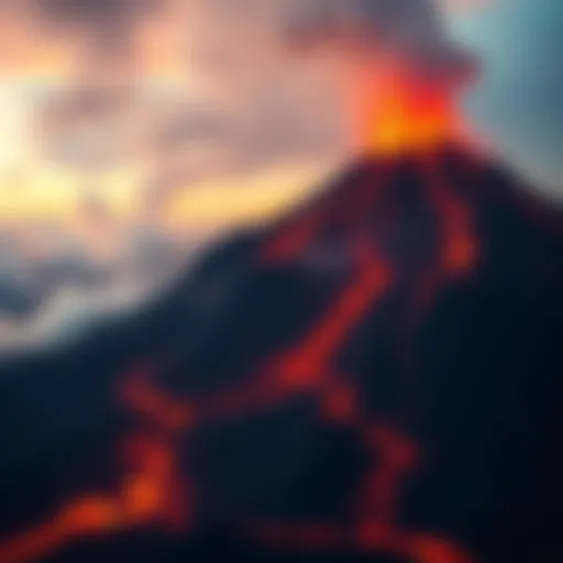 Bright red lava flowing down the side of a volcano, lighting up the dark landscape around it.