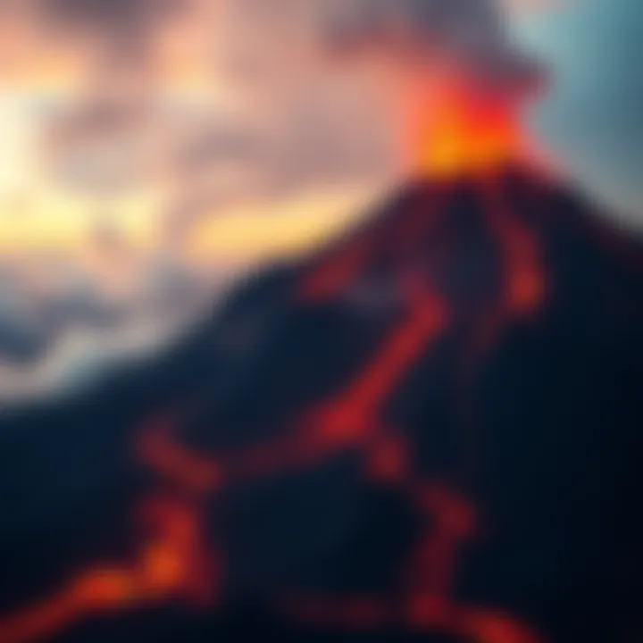 Bright red lava flowing down the side of a volcano, lighting up the dark landscape around it.