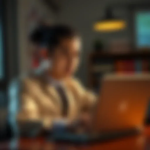 A law school graduate sitting at a desk, looking anxious while reviewing job listings on a laptop