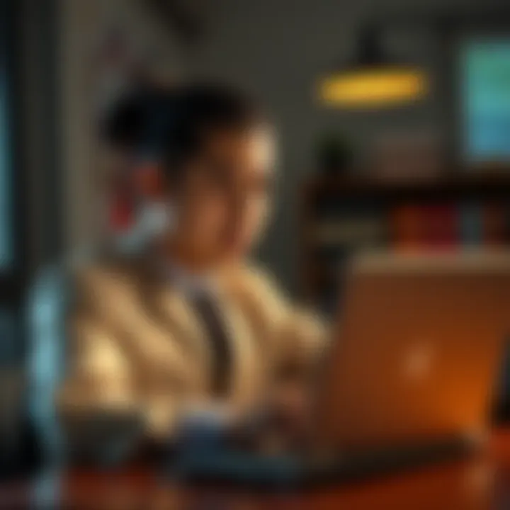 A law school graduate sitting at a desk, looking anxious while reviewing job listings on a laptop